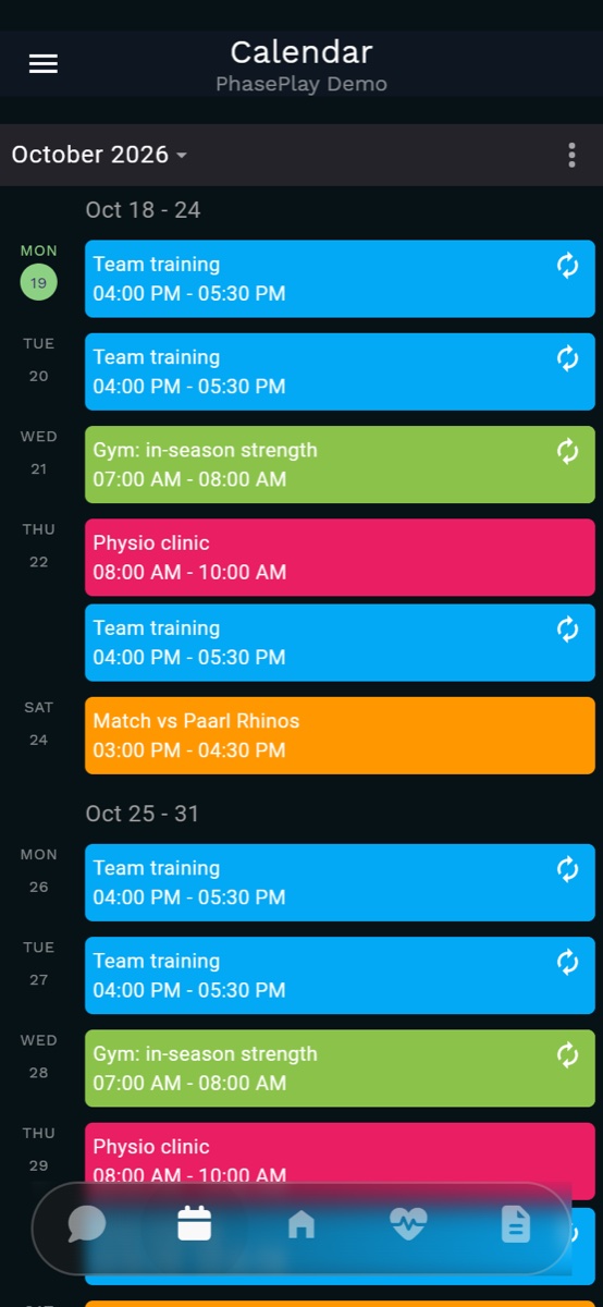 The athlete calendar on a phone